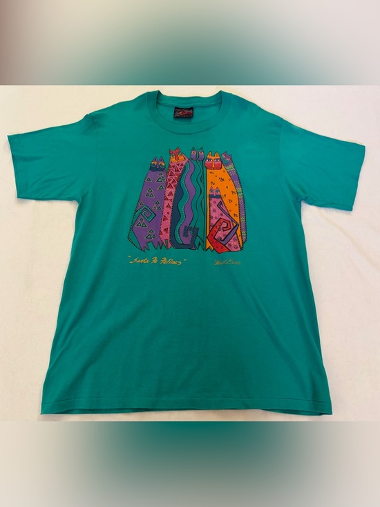 Tops - VTG Laurel Burch Santa Fe Feline Cats T-shirt Size L Teal Single Stitch Pristine